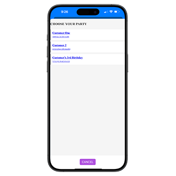 Selecting a registered party in the PhotoTouch Photo Party app